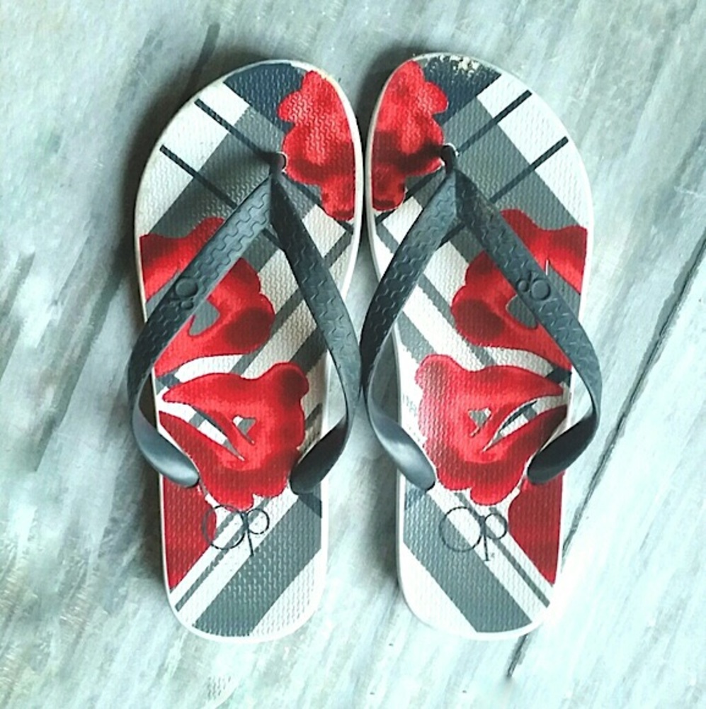 OP Sandal Flip Flop Thong Sandals Grey Red Plaid Tropics Beach Men’s  9/10